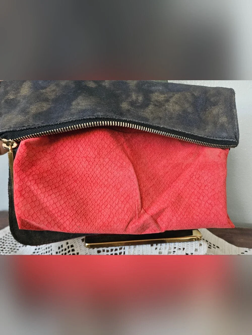 HAMMITT Convertible Grey Distressed Suede Leather Gold Studded Wallet Clutch.